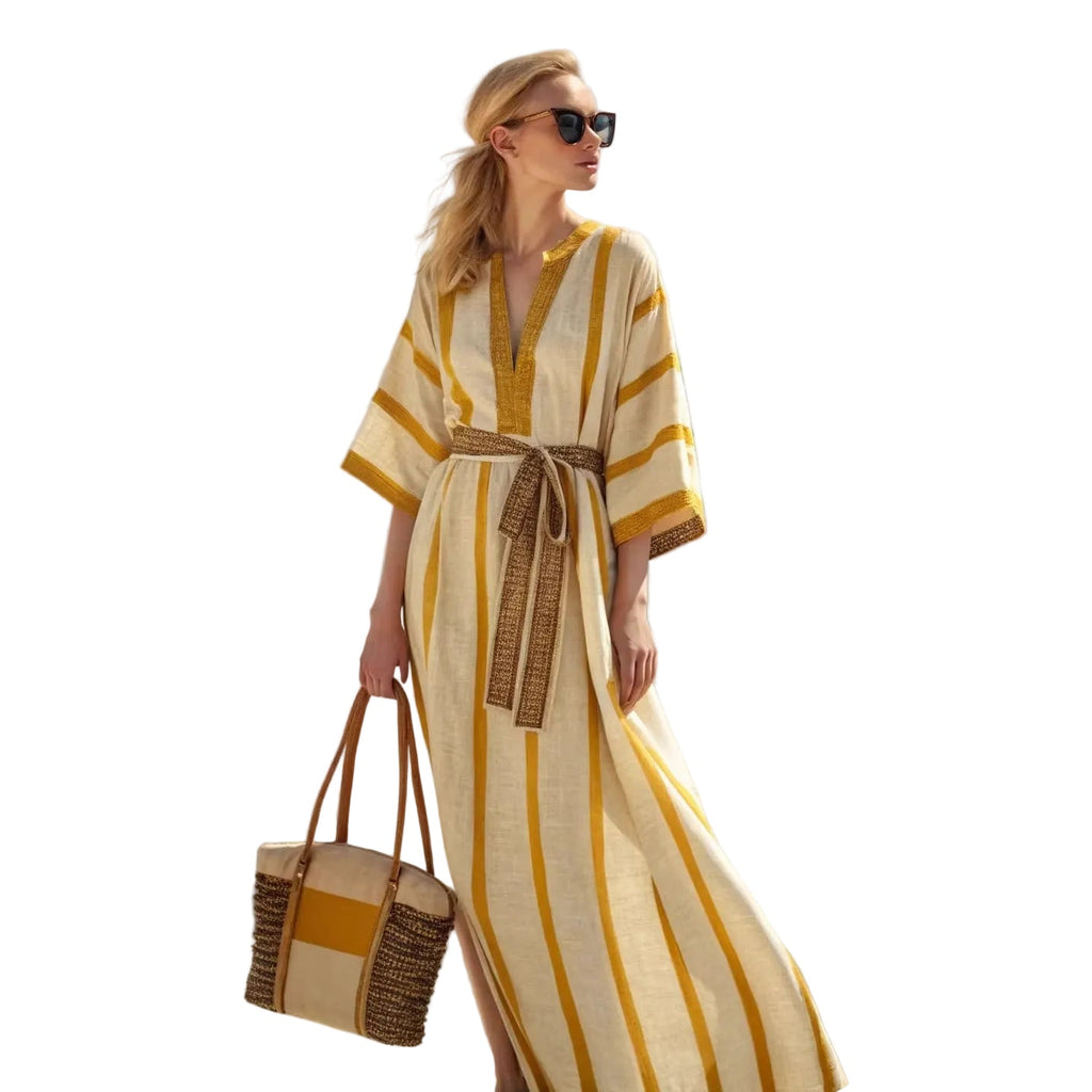 Boho Striped Belted Maxi Kaftan Beach Cover-Up